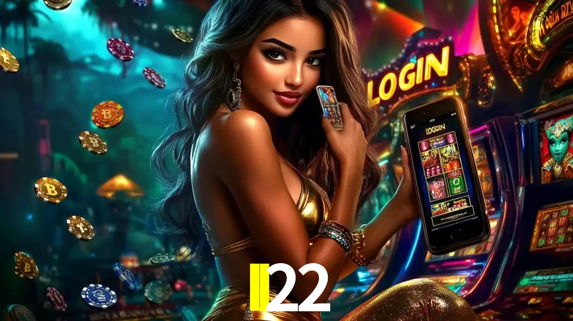 Mulher em um cenário de cassino temático de aventura, mostrando o app de caça-níqueis da II22 no celular. Fichas de apostas flutuam ao redor.