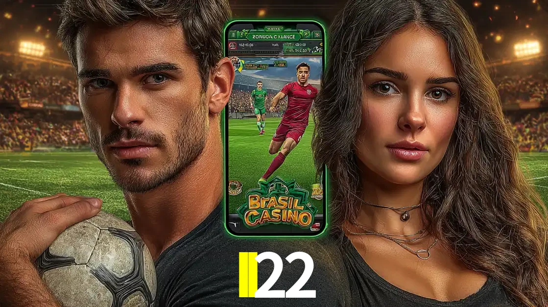 Homem segurando uma bola de futebol e uma mulher ao lado de um smartphone exibindo o jogo de apostas esportivas da II22. Faça seu palpite no cassino online.